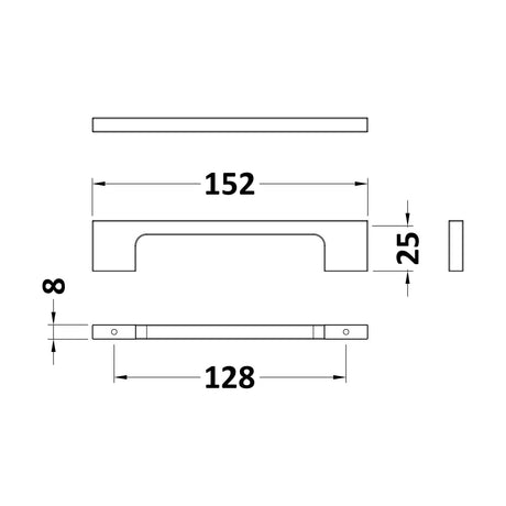 [BFHH182] Furniture Handle Slimline Square D Shape Handle, 152mm (128mm Centres) - Chrome - Technical Drawing
