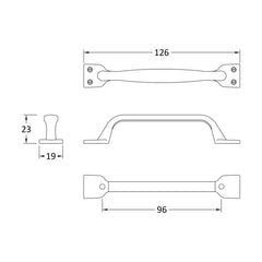 [BFHH183] Strap Handle, 126mm (96mm Centres) - Brushed Nickel - Technical Drawing