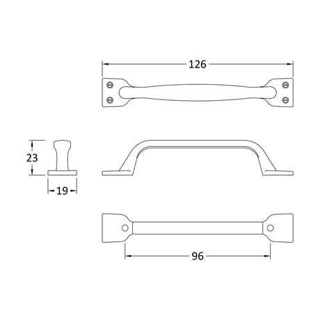 [BFHH183] Strap Handle, 126mm (96mm Centres) - Brushed Nickel - Technical Drawing