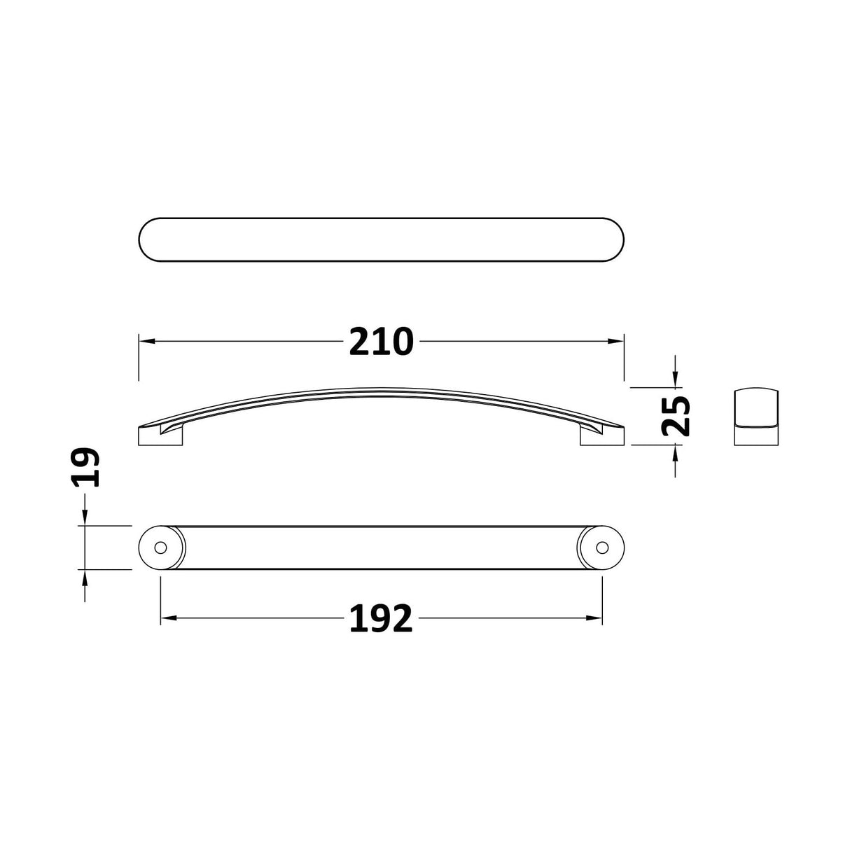 [BFHH184] Furniture Handle Round D Shape Handle, 210mm (192mm Centres) - Satin Nickel - Technical Drawing
