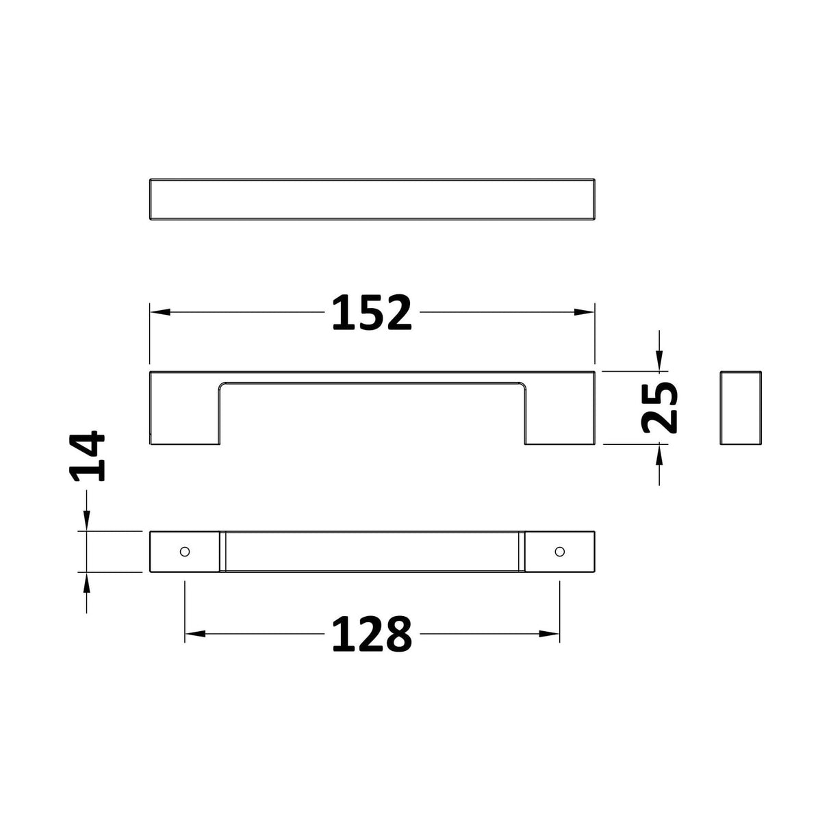 [BFHH188] D Shape Square Handle, 152mm (128mm Centres), Choice of Finish - Technical Drawing