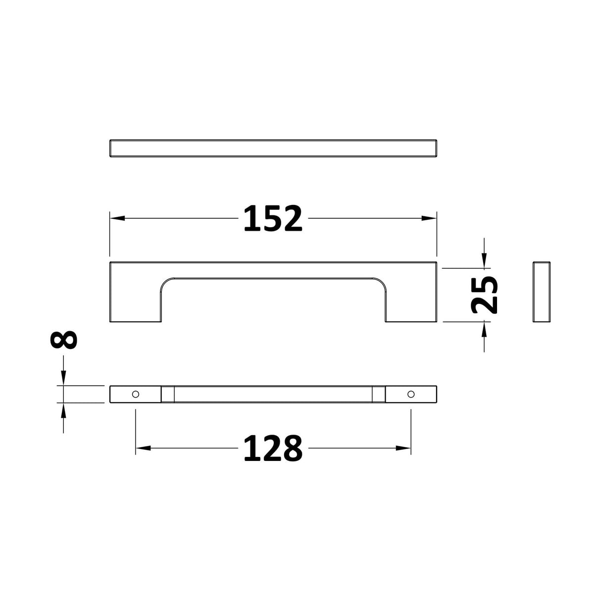 [BFHH189] Furniture Handle Slimline Square D Shape Handle, 152mm (128mm Centres) - Matt Black - Technical Drawing