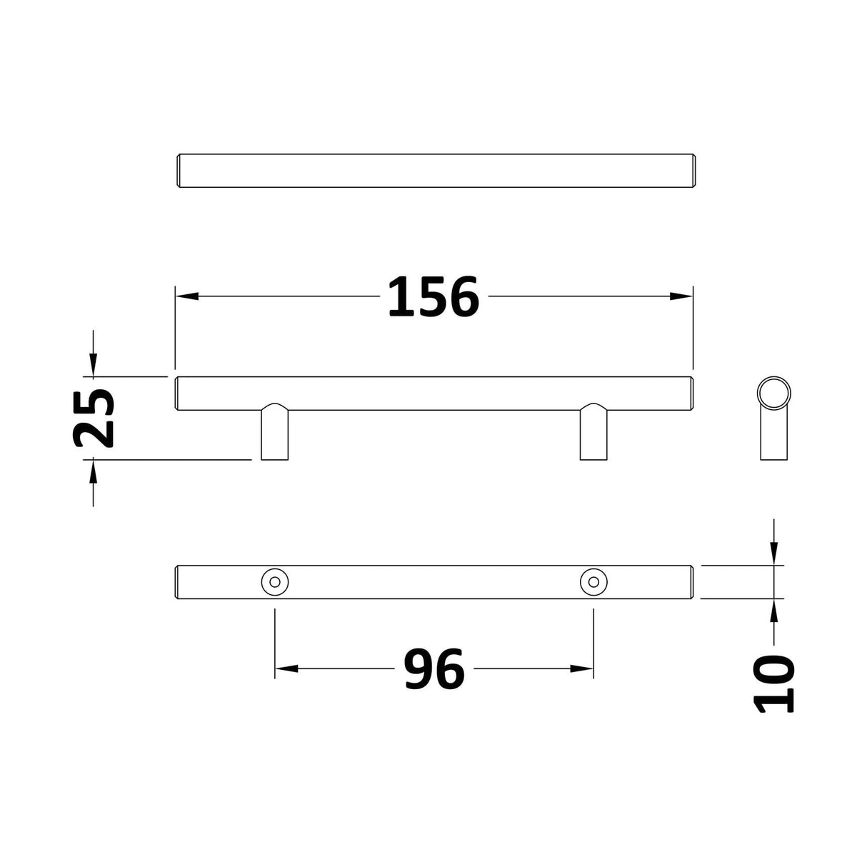 [BFHH192] Bar Handle, 156mm (96mm Centres) - Matt Black - Technical Drawing