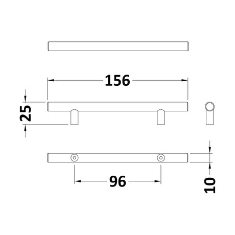 [BFHH192] Bar Handle, 156mm (96mm Centres) - Matt Black - Technical Drawing