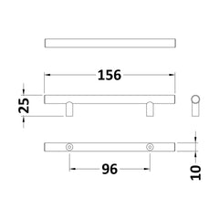 [BFHH193] Bar Handle, 156mm (96mm Centres) - Brushed Brass - Technical Drawing