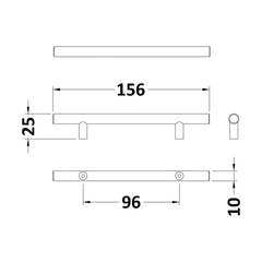 [BFHH193] Bar Handle, 156mm (96mm Centres) - Choice of Finish - Technical Drawing
