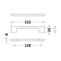 [BFHH196] Furniture Handle Slimline Square D Shape Handle, 152mm (128mm Centres) - Brushed Brass - Technical Drawing