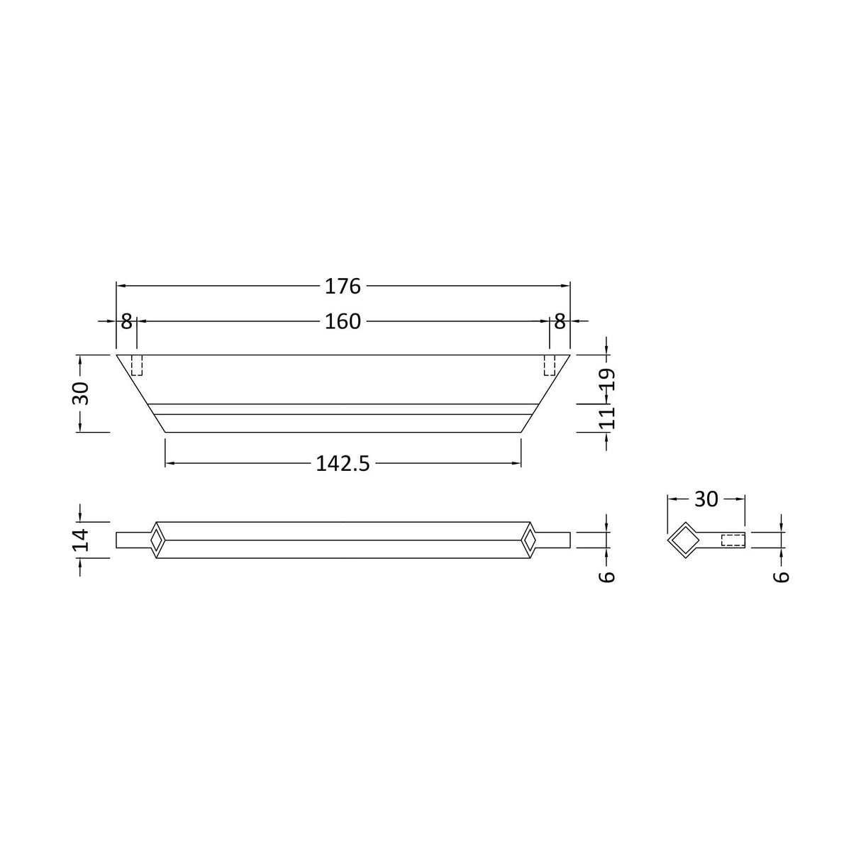 [BFHH201] Profile Handle, 176mm (160mm Centres) - Matt Black - Technical Drawing
