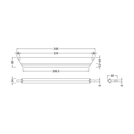 [BFHH202] Profile Handle, 240mm (224mm Centres) - Matt Black - Technical Drawing