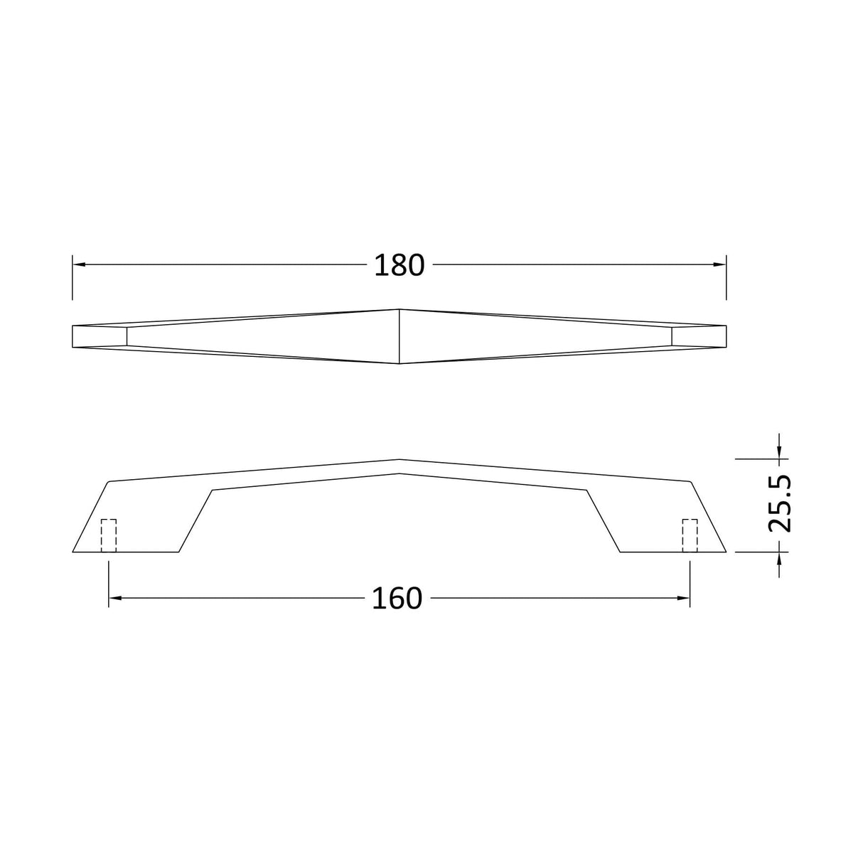 [BFHH203] Angular D Shape Furniture Handle, 180mm (160mm Centres), Choice of Finish - Technical Drawing