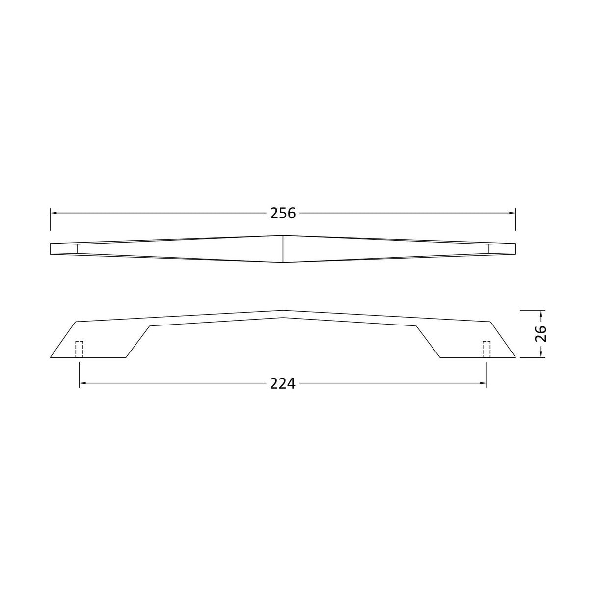 [BFHH204] Furniture Handle Angular D Shape Handle, 256mm (224mm Centres) - Matt Black - Technical Drawing