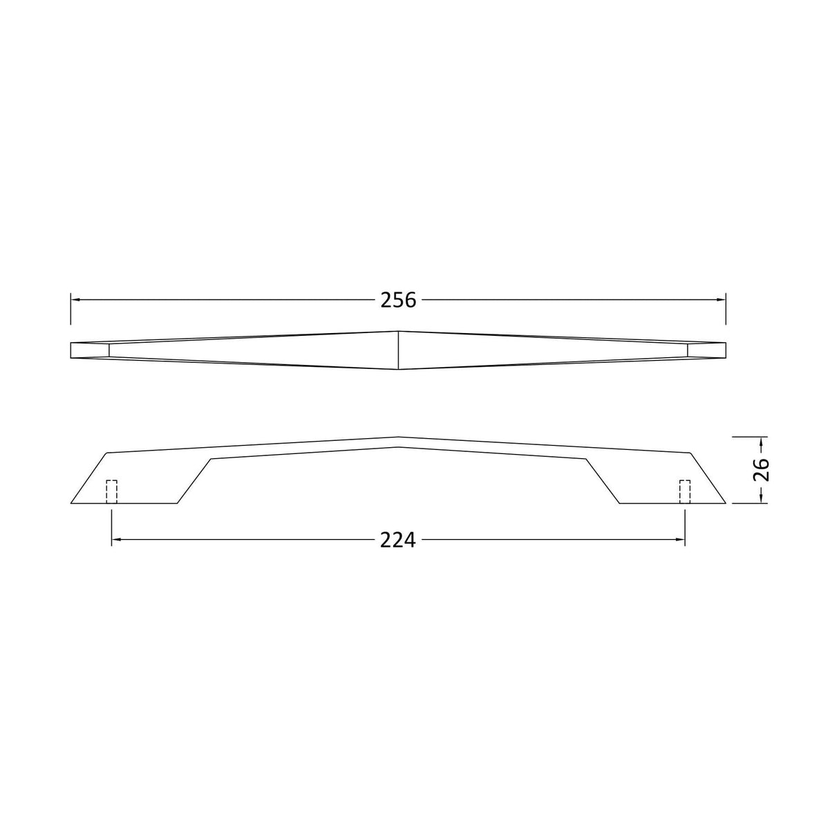 [BFHH204] Angular D Shape Furniture Handle, 256mm (224mm Centres), Choice of Finish - Technical Drawing