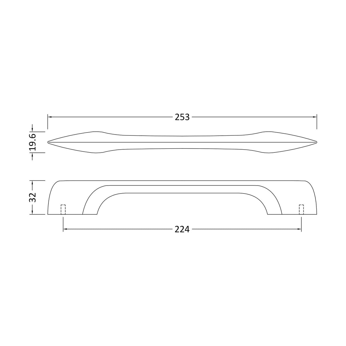 [BFHH206] Furniture Handle D Shape Handle, 253mm (224mm Centres) - Matt Black - Technical Drawing