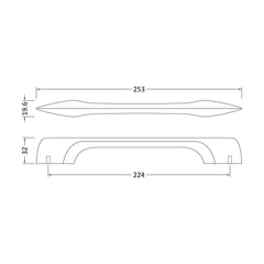 [BFHH206] Furniture Handle D Shape Handle, 253mm (224mm Centres) - Matt Black - Technical Drawing