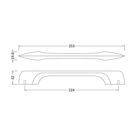 [BFHH206] Furniture Handle D Shape Handle, 253mm (224mm Centres) - Matt Black - Technical Drawing