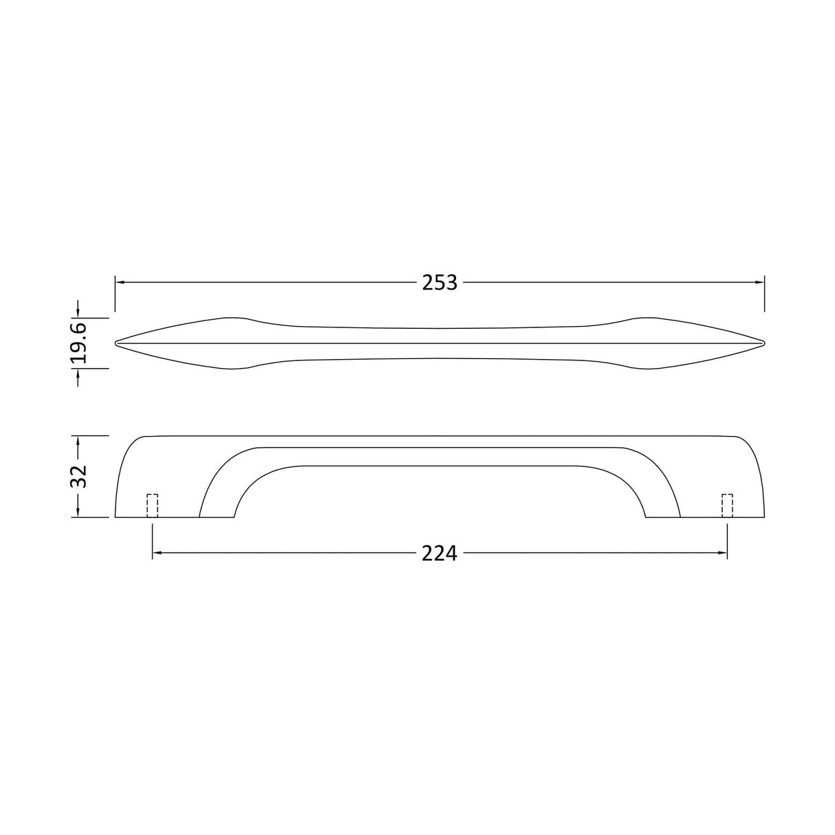 [BFHH206] D Shape Furniture Handle, 253mm (224mm Centres), Choice of Finish - Technical Drawing