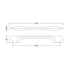 [BFHH206] D Shape Furniture Handle, 253mm (224mm Centres), Choice of Finish - Technical Drawing