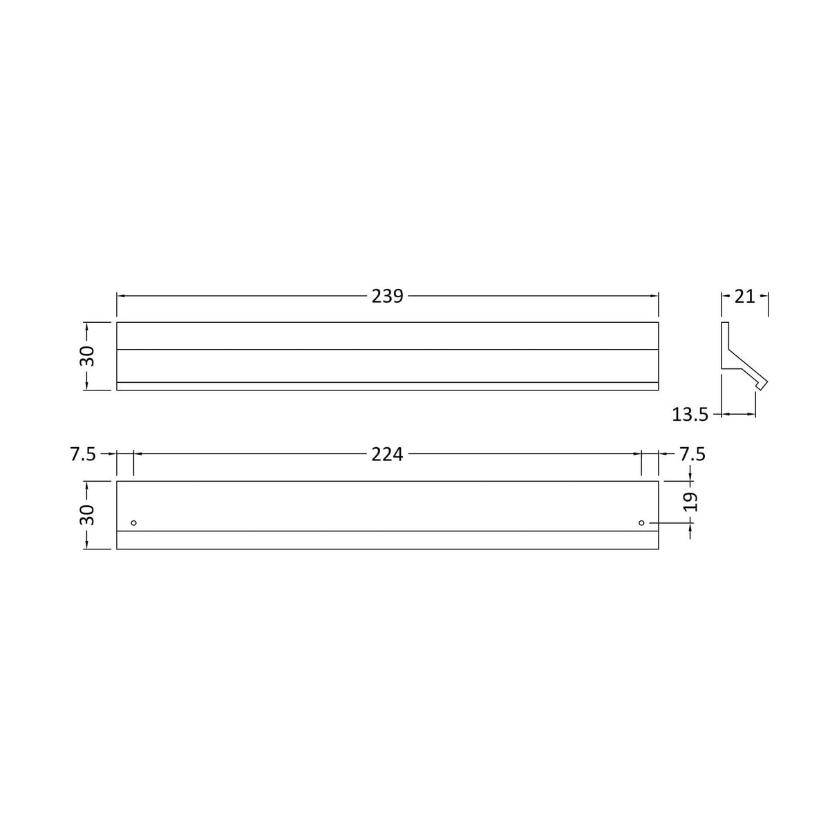 [BFHH208] Finger Pull Handle, 239mm (224mm Centres) - Matt Black - Technical Drawing