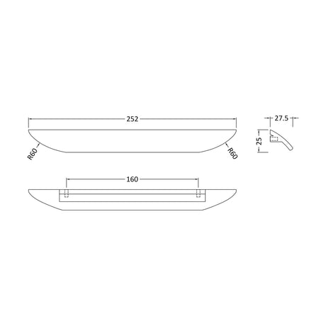 [BFHH209] Finger Pull Handle, 252mm (160mm Centres) - Matt Black - Technical Drawing