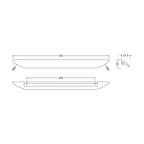 [BFHH210] Finger Pull Handle, 316mm (224mm Centres) - Matt Black - Technical Drawing