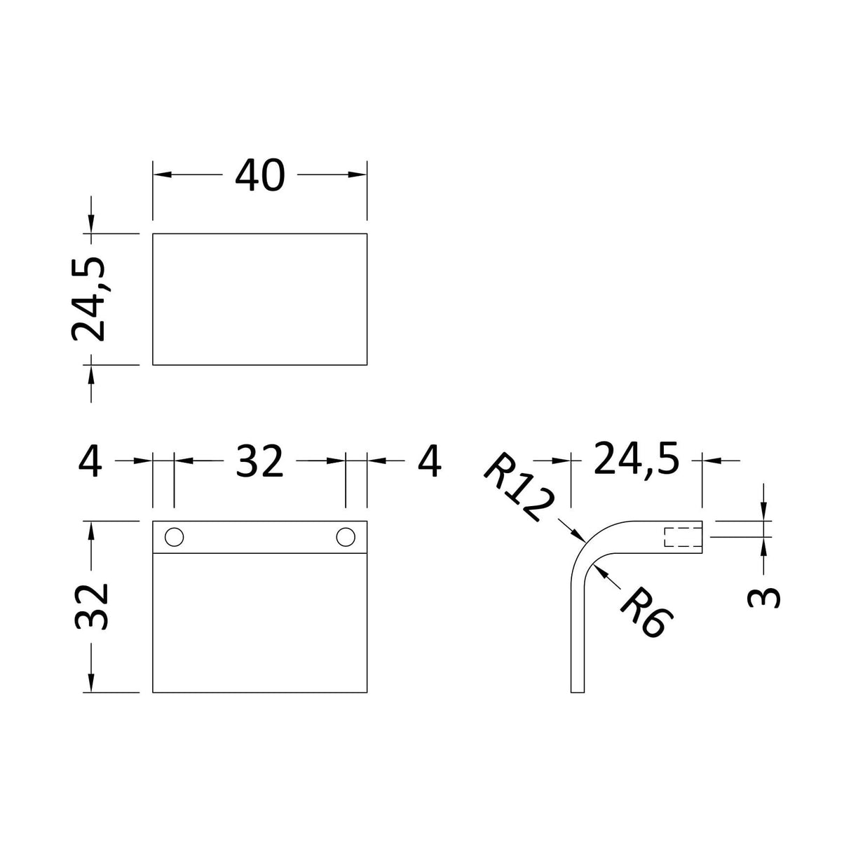 [BFHH212] Square Drop Handle, 40mm (32mm Centres) - Matt Black - Technical Drawing