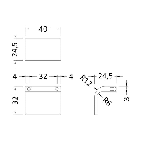 [BFHH212] Square Drop Handle, 40mm (32mm Centres) - Matt Black - Technical Drawing