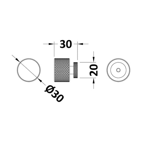 [BFHH214] Knurled Indented Round Knob, 30mm - Matt Black - Technical Drawing