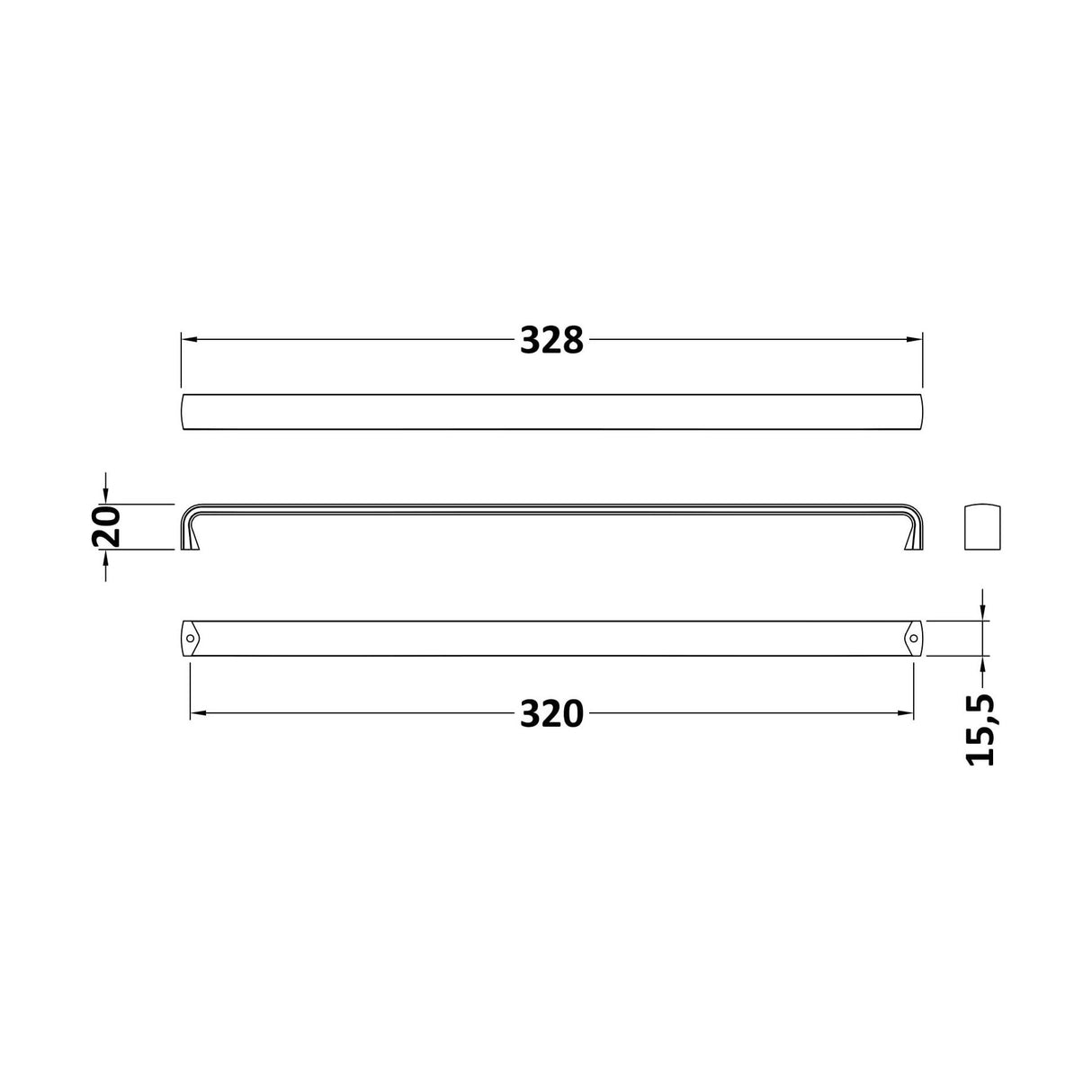 [BFHH220] Thin D Shape Furniture Handle 328 x 16 x 20mm - Matt Black - Technical Drawing