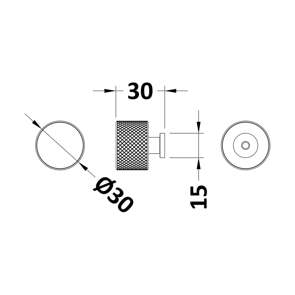 [BFHH314] Knurled Indented Round Cabinet Knob, 30mm, Choice of Finish - Technical Drawing