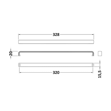 [BFHH320] Thin D Shape Furniture Handle 328 x 16 x 20mm - Brushed Brass - Technical Drawing