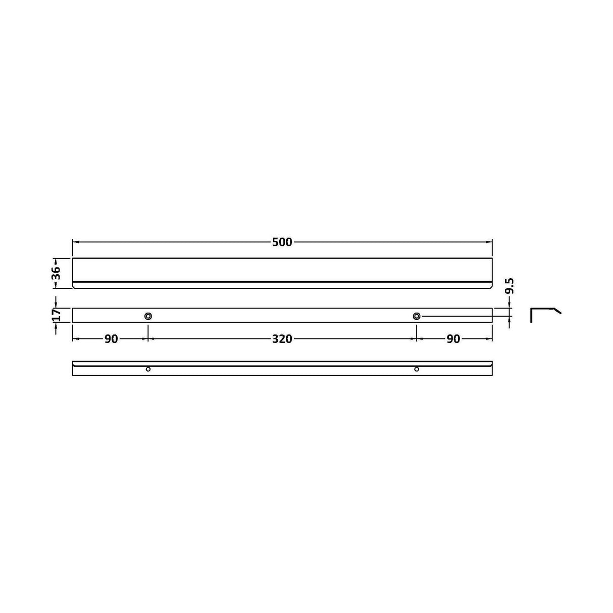 [BFHH326] Finger Pull Furniture Handle, 500mm (320mm Centres), Choice of Finish - Technical Drawing