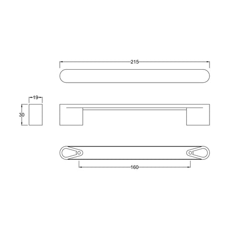 [BFHH401] Rounded D Shape Handle, 215mm (160mm Centres) - Chrome - Technical Drawing