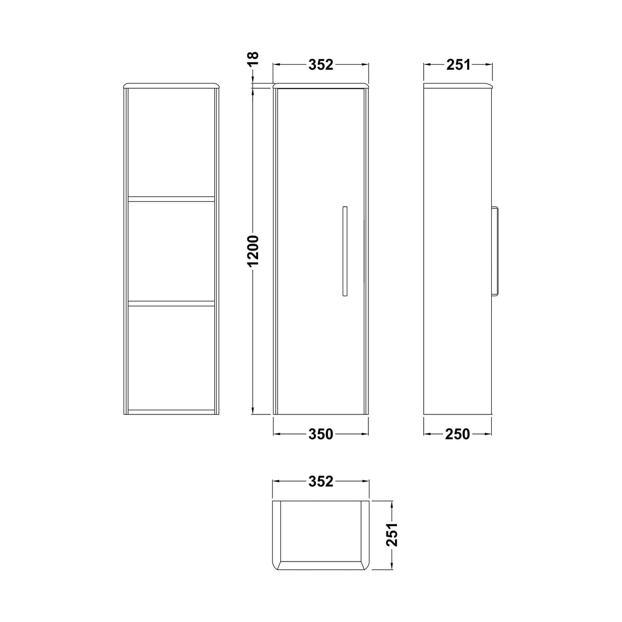 [BFHO162] Croxden Tall Wall Mounted Bathroom Storage Unit - 1200 x 350 x 250mm - Technical Drawing