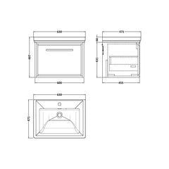 [BFIF2222A] Longnor 1 Drawer Wall Hung Vanity Unit with Traditional Fireclay Basin - Choice of Size and Colour - Technical Drawing