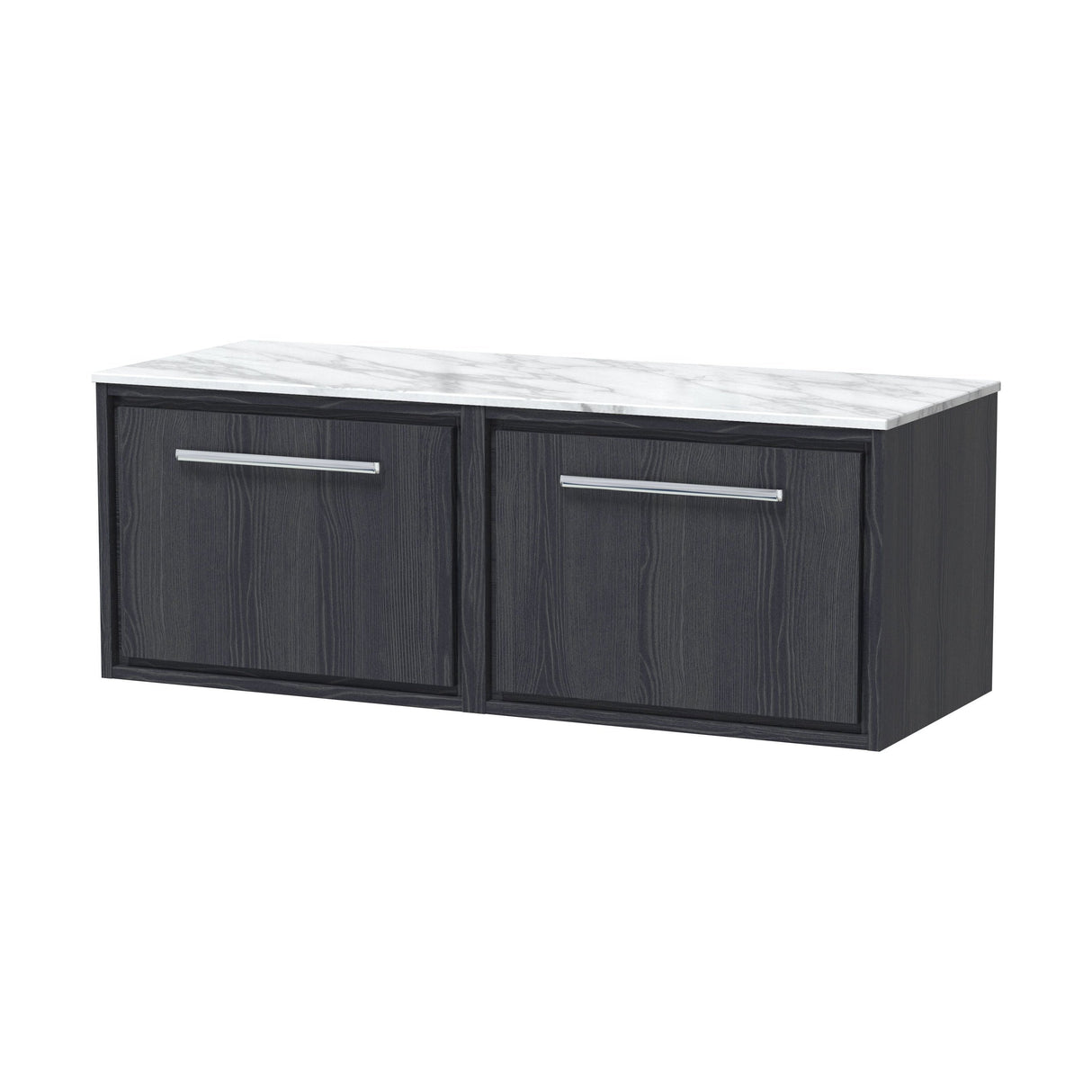 [BFIF2222CMT2] Longnor 2 Drawer Wall Hung Vanity Unit with Carrera Marble Worktop, Woodgrain Graphite Grey, 1200mm - Cutout