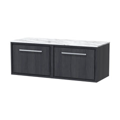 [BFIF2222CMT2] Longnor 2 Drawer Wall Hung Vanity Unit with Carrera Marble Worktop, Woodgrain Graphite Grey, 1200mm - Cutout