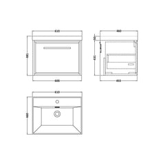 [BFIF2222E] Longnor 1 Drawer Wall Hung Vanity Unit with Thin Edge Basin - Choice of Size and Colour - Technical Drawing