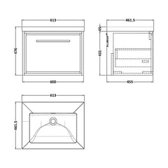 [BFIF2222K] Longnor 1 Drawer Wall Hung Vanity Unit with 1 Tap Hole Modern Fireclay Basin, Woodgrain Graphite Grey, 600mm - Technical Drawing
