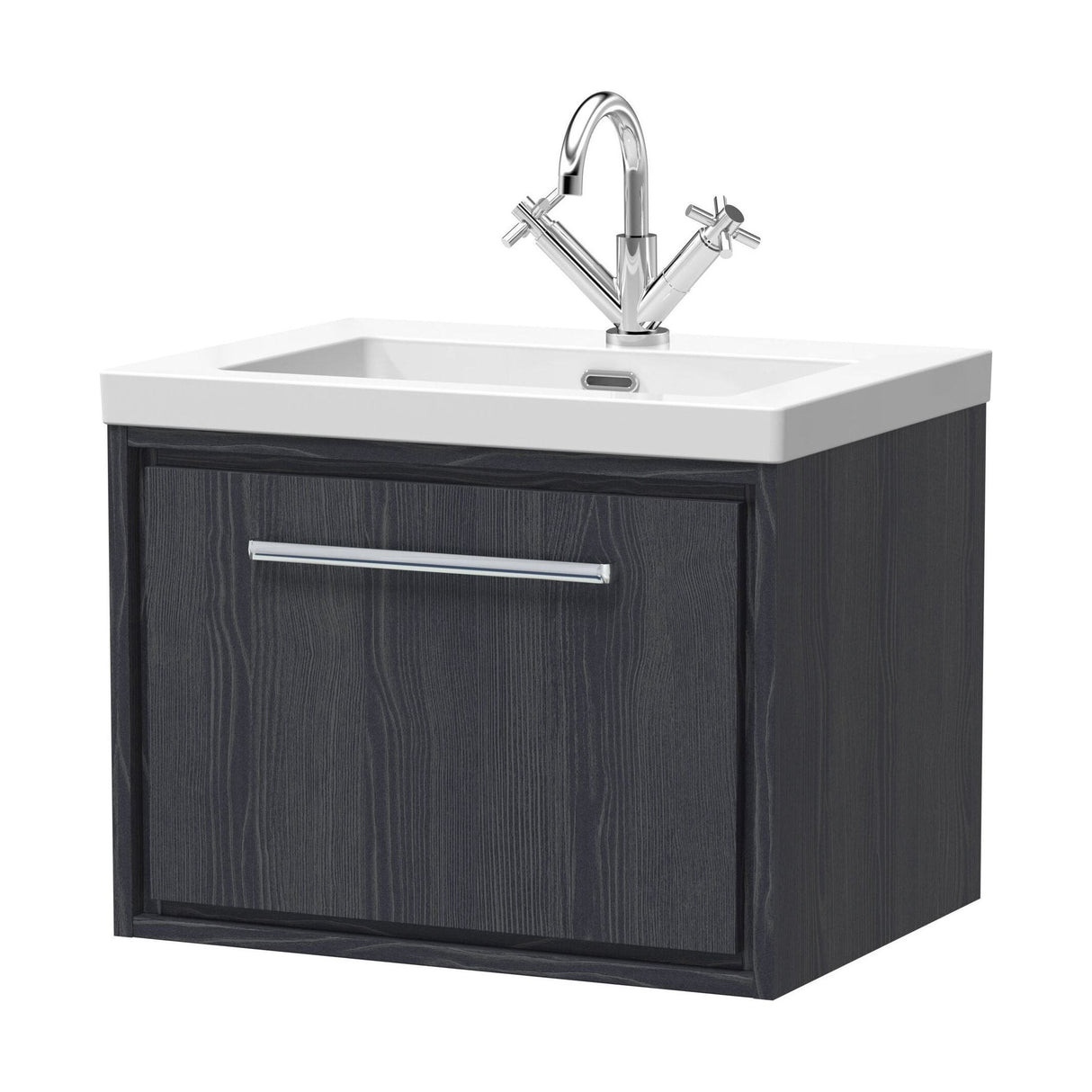 [BFIF2222L] Longnor 1 Drawer Wall Hung Vanity Unit with 1 Tap Hole Modern Fireclay Basin, Woodgrain Graphite Grey, 600mm - Cutout