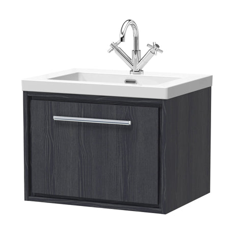 [BFIF2222L] Longnor 1 Drawer Wall Hung Vanity Unit with 1 Tap Hole Modern Fireclay Basin, Woodgrain Graphite Grey, 600mm - Cutout