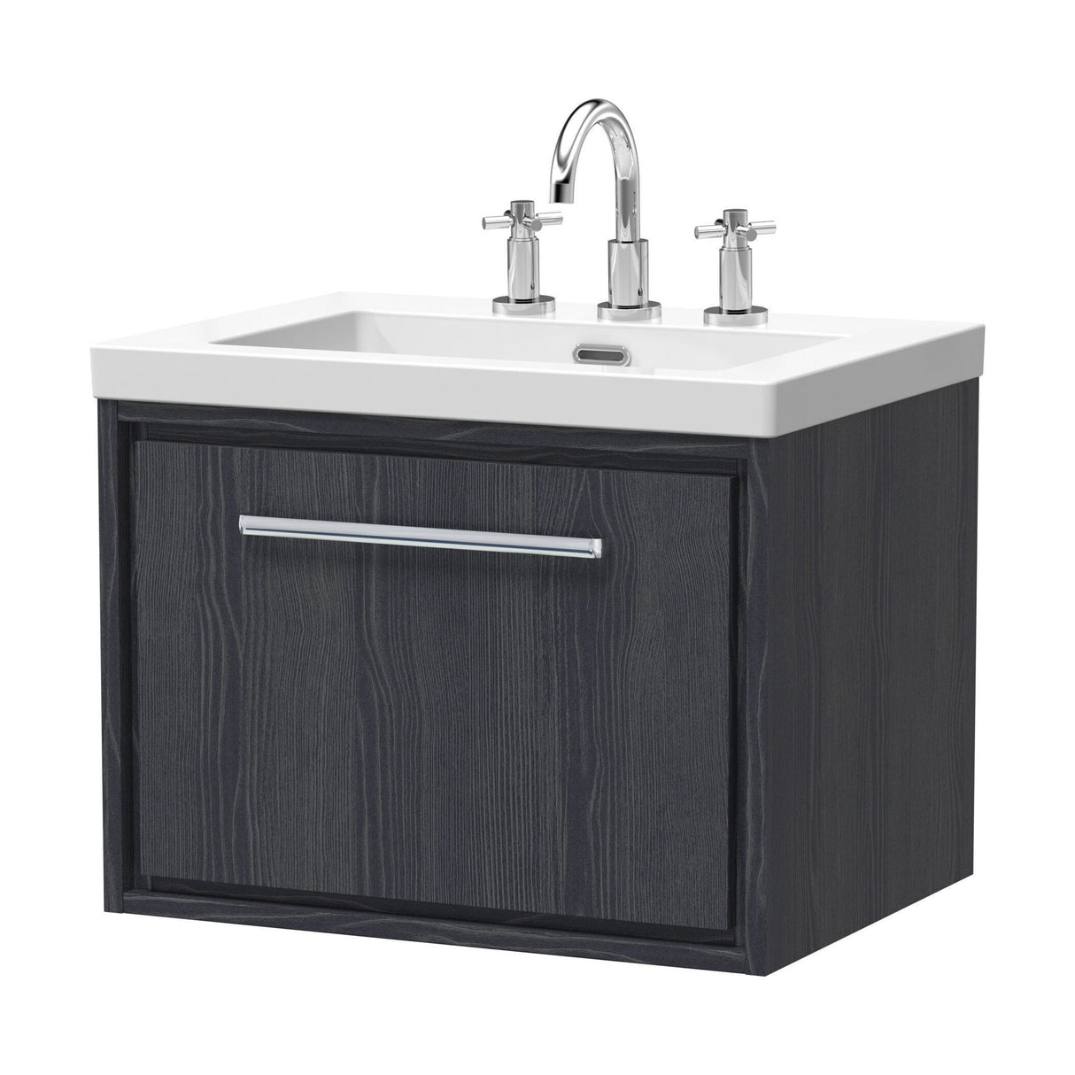 [BFIF2222M] Longnor 1 Drawer Wall Hung Vanity Unit with 3 Tap Hole Modern Fireclay Basin, Woodgrain Graphite Grey, 600mm - Cutout
