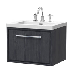 [BFIF2222M] Longnor 1 Drawer Wall Hung Vanity Unit with 3 Tap Hole Modern Fireclay Basin, Woodgrain Graphite Grey, 600mm - Cutout