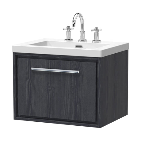 [BFIF2222M] Longnor 1 Drawer Wall Hung Vanity Unit with 3 Tap Hole Modern Fireclay Basin, Woodgrain Graphite Grey, 600mm - Cutout