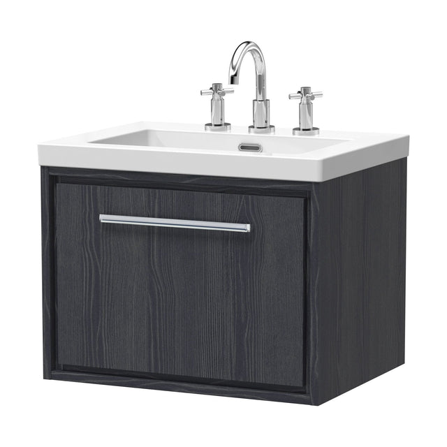 [BFIF2222M] Longnor 1 Drawer Wall Hung Vanity Unit with 3 Tap Hole Modern Fireclay Basin, Woodgrain Graphite Grey, 600mm - Cutout