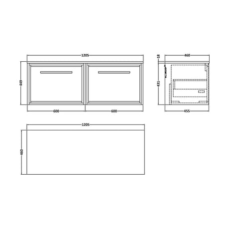 [BFIF2222W2] Longnor 1 Drawer Wall Hung Vanity Unit with Worktop, Woodgrain Graphite Grey, 600mm - Technical Drawing