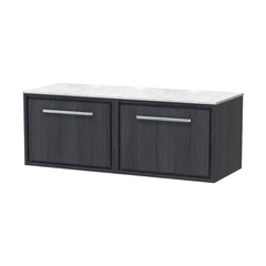 [BFIF2222WMT2] Longnor 2 Drawer Wall Hung Vanity Unit with White Marble Worktop, Woodgrain Graphite Grey, 1200mm - Cutout