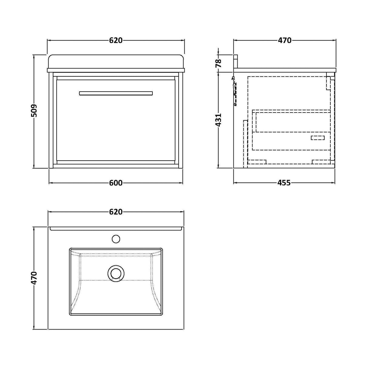 [BFIF2222WS1] Longnor 1 Drawer Wall Hung Vanity Unit with Square Basin and Marble Worktop, Woodgrain Graphite Grey, 600mm - Technical Drawing