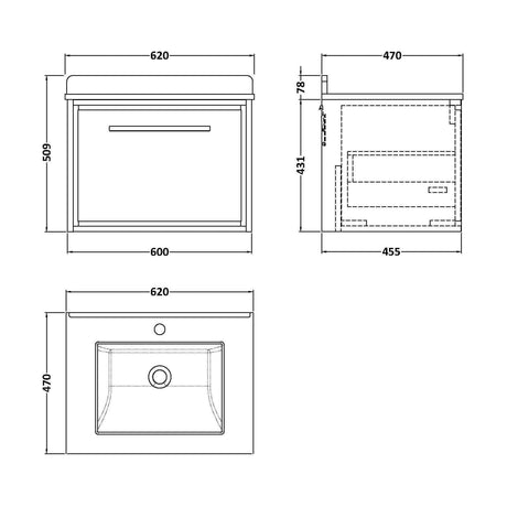 [BFIF2222WS1] Longnor 1 Drawer Wall Hung Vanity Unit with Square Basin and Marble Worktop, Woodgrain Graphite Grey, 600mm - Technical Drawing