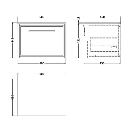 [BFIF2222W] Longnor 1 Drawer Wall Hung Vanity Unit with Worktop, Woodgrain Graphite Grey, 600mm - Technical Drawing