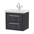 [BFIF2224A] Longnor 2 Drawer Wall Hung Vanity Unit with 1 Tap Hole Traditional Fireclay Basin, Woodgrain Graphite Grey, 600mm - Cutout